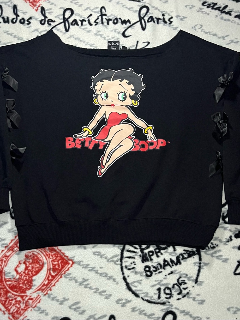 Betty Boop Black Off-the-Shoulder Sweater with Red Graphic